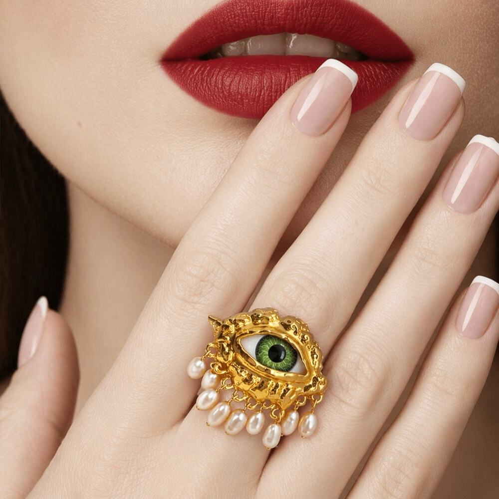 Evil Eye Ring Pearl Sz 6 7 Zara Devil Gothic Gold CZ VTG Turkish Ethnic Boho Y2K
